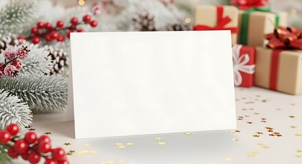 A blank greeting card sits among festive Christmas decorations and gift boxes, ready for a personalized message.