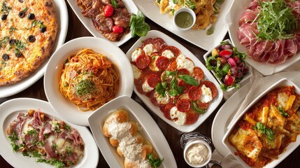 An overhead shot displays a table spread with an array of culinary delights, showcasing various plates of gourmet dishes, perfect for a food blog or magazine spread.