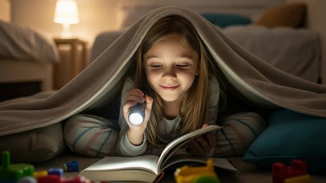 Girl reading under blanket with flashlight, childhood imagination and bedtime story adventure