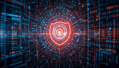 Glowing red shield with keyhole in center surrounded by blue and red digital data streams and patterns