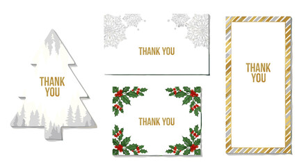 Assortment of thank you cards including tree snowflake holly and striped border design