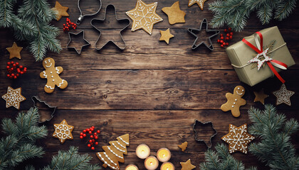 mesa de madera rodeada de galletas de jengibre en forma de estrella, hojas de pino, bayas rojas, velas encendidas, moldes metálicos para galletas y un regalo con lazo dorado, creando ambiente cálido