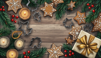 mesa de madera rodeada de galletas de jengibre en forma de estrella, hojas de pino, bayas rojas, velas encendidas, moldes metálicos para galletas y un regalo con lazo dorado, creando ambiente cálido