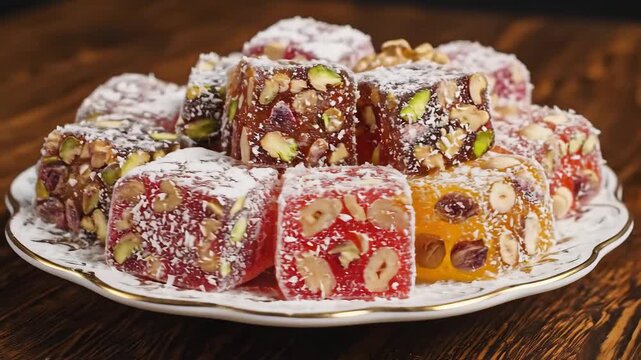 Assorted Turkish Delight with Pistachios and Nuts on a Plate.