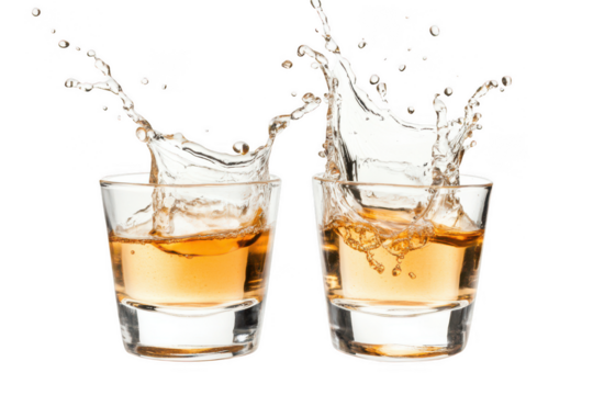 Two glasses of amber liquid with dynamic splashes, isolated on transparent background 