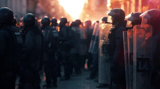 A closeup shot of a riot police officer in riot gear directing a crowd during a protest or demonstration. The officer is wearing a helmet with a visor and a face shield.