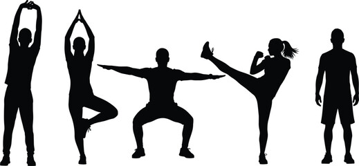 Silhouette of individuals performing fitness poses, stretching, yoga, martial arts, balance, strength, body movement, exercise, wellness, training