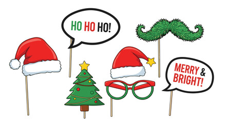 Festive christmas photo booth props including hats, tree, glasses, and speech bubbles