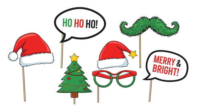 Festive christmas photo booth props including hats, tree, glasses, and speech bubbles