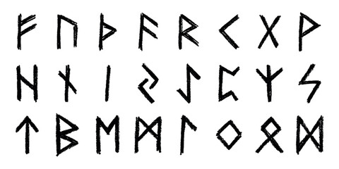 Set of hand drawn viking runes Ancient scandinavian futhark germanic celtic alphabet clipart in doodle style Single element for print, web, design, decor