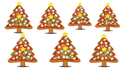 Illustration of several christmas tree shaped pizzas with star toppings arranged