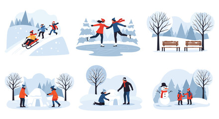 Winter scenes depicting people sledding, skating, building an igloo and snowman