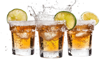 Three tequila shots with lime and salt splashing, isolated on transparent background