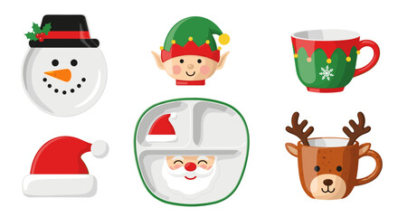 Illustration of christmas themed plates and mugs with santa, snowman, elf and reindeer