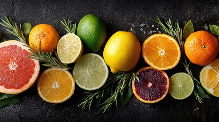 Obraz premium Vibrant citrus fruits - oranges, lemons, limes, and grapefruit - arranged on a dark surface with sprigs of rosemary, showcasing freshness and natural appeal.