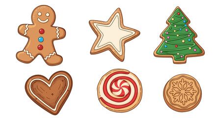 Illustration of six christmas cookies including a gingerbread man and tree shape