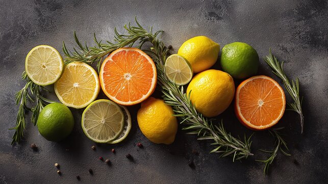 A vibrant and refreshing mix of citrus fruits: lemons, limes, and oranges, artfully arranged with sprigs of rosemary on a textured dark surface. A zesty and aromatic delight!