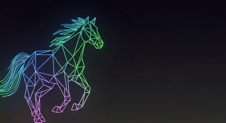 Stunning geometric horse outline glowing with neon colors against dark backdrop, perfect for modern designs and tech-inspired artwork, dynamic and vibrant energy