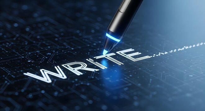 Illuminated pen writing the word write on a dark surface with blue light