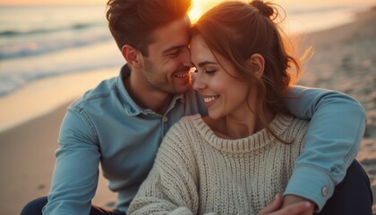 Couple sharing a joyful moment on the beach at sunset