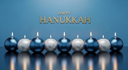 Photo of happy hanukkah greeting card with blue and white ornament candles, creating a festive and elegant holiday design for the jewish festival of lights