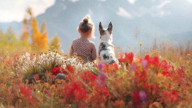A young girl and a dog sit amidst a field of flowers, with a backdrop of a mountain range. The girls hair is tied up in a bun, and she wears a patterned dress.