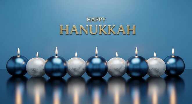Photo of happy hanukkah greeting card with blue and white ornament candles, creating a festive and elegant holiday design for the jewish festival of lights - Powered by Adobe