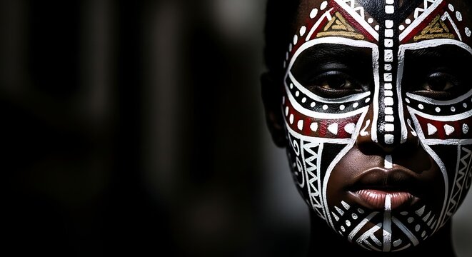 Striking tribal face paint art on dark skin against a stark backdrop, a powerful statement of heritage, culture, and individual expressionism