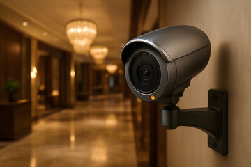Modern security camera in a luxury hotel lobby