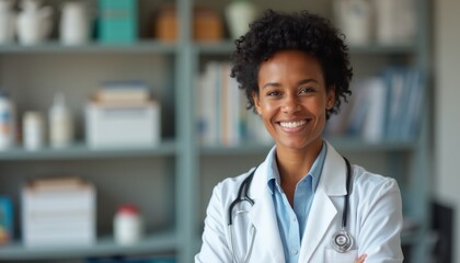 Confident female doctor smiling in a bright clinic