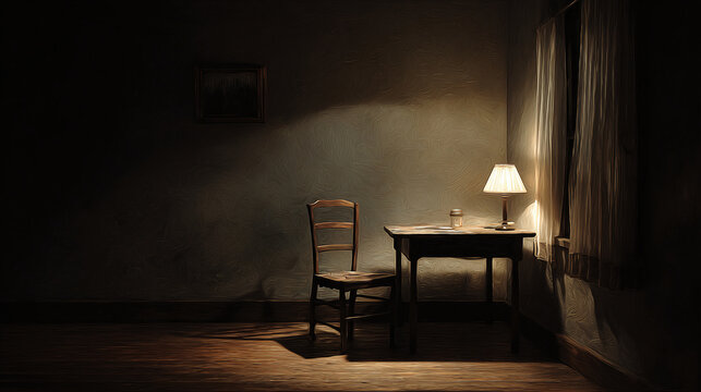 A dimly lit room with a desk, chair, and lamp, creating a mood of solitude