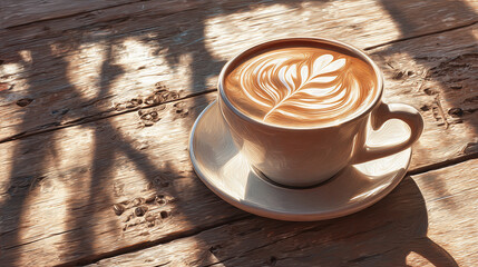 A delightful cup of latte art sitting on a wooden table, capturing the gentle sunlight and shadows. The artistic design on top enhances the coffee's allure