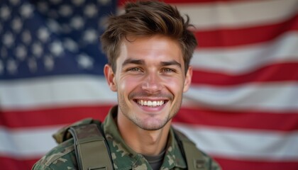 Smiling soldier in front of American flag