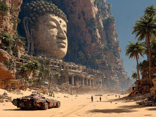 a futuristic, apocalyptic scene with a large, ancient Buddha statue and a massive, dilapidated structure in the background. The ground is covered with sand and debris, and there are a few rusted vehic