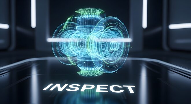 Futuristic inspection technology with holographic display and the word inspect on a surface