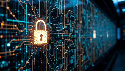 A digital padlock securing a circuit board with glowing blue and orange pathways and other padlocks in view