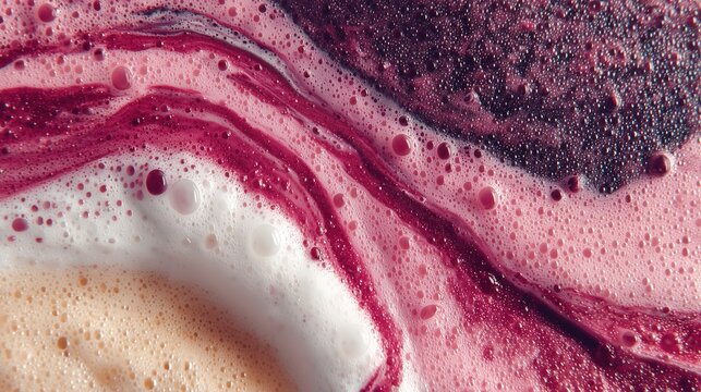 Abstract purple berry smoothie texture with white cream swirls for food background.

 - Powered by Adobe