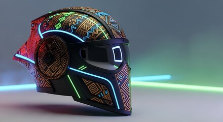 Futuristic tribal helmet with neon lights showcasing cutting-edge tech and ancient artistry, perfect for gaming, sci-fi, and innovative product designs