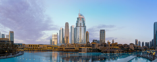 UAE, Dubai panoramic view of city downtown, Dubai Mall and Dubai Fountain.