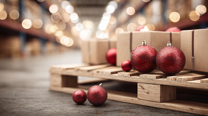 Festive shipping preparation: Christmas ornaments adorn packages on a wooden pallet in a warehouse, holiday cheer meets efficient delivery.
