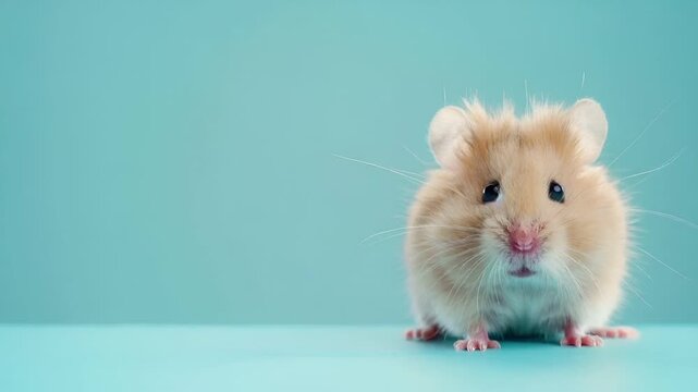 A closeup of a hamster against a turquoise background. The hamsters fur is a soft peach color, and its eyes are a deep blue. The texture of the hamster appears soft and fluffy.