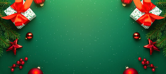 Merry Christmas and Happy Holidays greeting card, frame, banner. New Year. Red Christmas ornaments...