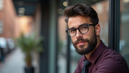 Confident man with glasses and beard in urban setting