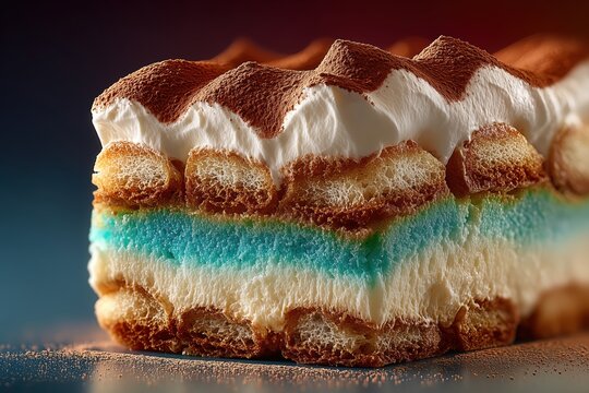 Creative tiramisu slice with blue cream layer and cocoa powder dusting for gourmet dessert menu.

