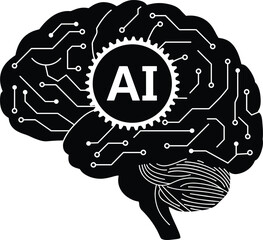 Artificial intelligence brain circuit illustration showing digital neural network, machine learning technology concept, futuristic AI innovation graphic