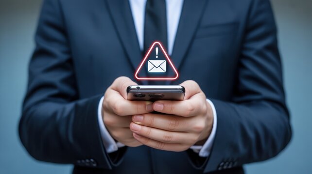 A business professional is holding a smartphone with an email alert icon displayed