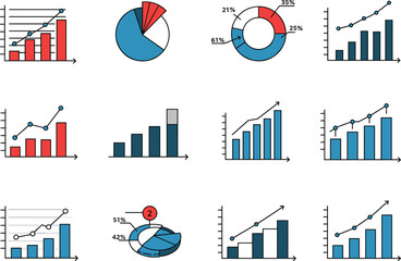 Dynamic collection of business charts, analytics graphs, bar and pie illustrations showcasing data visualization, growth metrics, statistical performance trends