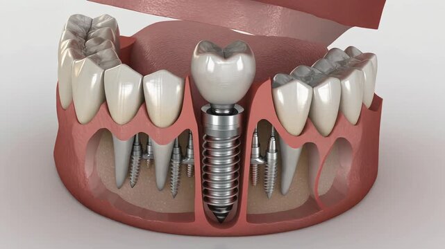 Animation of a Dental Implant Screw Cross-Section with Implants in Jawbone
