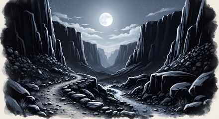 Stylized Monochrome Illustration of Moonlit Rocky Canyon Path