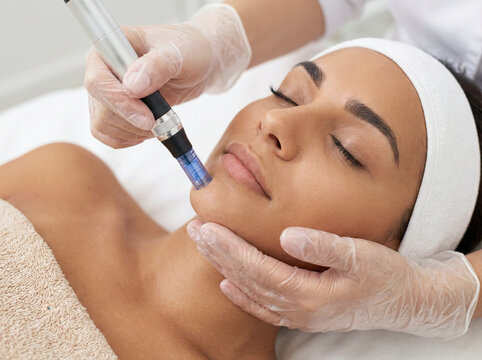 Close-up of a woman receiving a professional microneedling facial treatment using a mesotherapy pen for antiaging